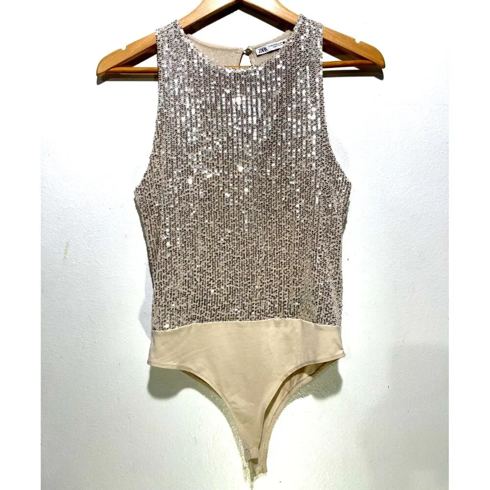 Zara bodysuit sequins glam disco night out sylver festive women S